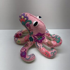 Hand Sewn Embroidered Octopus Plush Stuffed Animal Folk Art Toy Pink